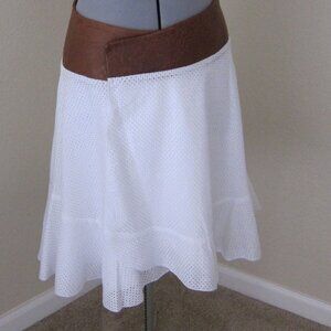 LEATHER WAIST & WHITE COTTON EYELET FLOWING WRAP SKIRT by STILETTO - SZ 8